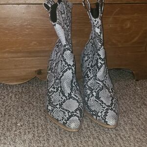 Dolls Kill Black & White Snake Print Pointed Toe Ankle Boots